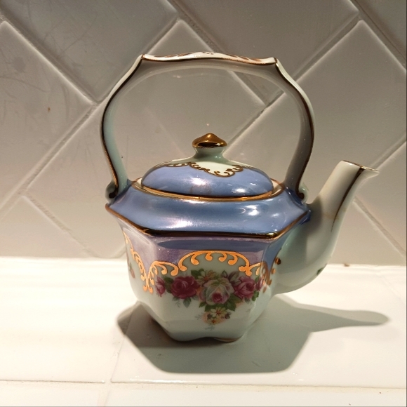 Kaldun & Bogle Flowered Blue Teapot, Roses With Gold Trim, 5 Inch - Picture 1 of 4